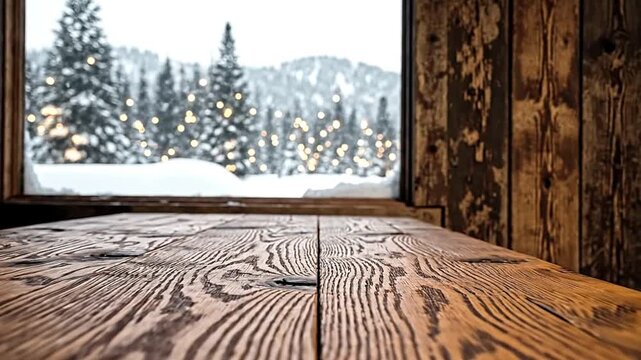A cozy, rustic wooden tabletop provides a warm, inviting foreground for your creative content. Through the window, a blurred winter landscape unfolds, featuring snow-covered evergreen trees illuminate