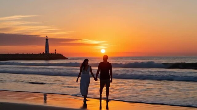 Couple walking on beach at sunset near lighthouse