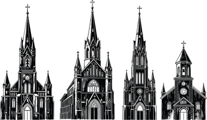 Fototapeta premium Gothic church cathedral silhouettes set with spires and crosses, black and white vintage architectural illustration collection