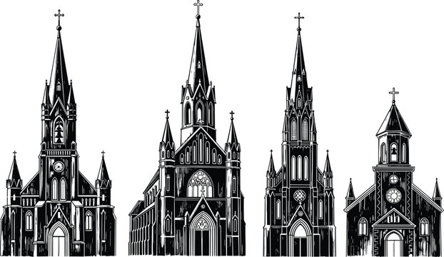 Gothic church cathedral silhouettes set with spires and crosses, black and white vintage architectural illustration collection