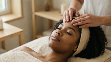 Relaxing Facial Massage for a Young Black Woman in a Spa Setting