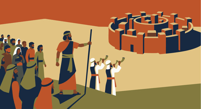 Flat vector scene of Joshua standing at the front of the Israelites, holding a spear or staff. Priests with trumpets stand beside him. The city of Jericho appears in the distance as a simple circular 