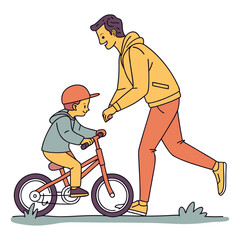 A minimalist flat vector of a father helping his son ride a bike for the first time