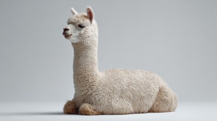 Obraz premium alpaca calm posture, neutral background, sustainable lifestyle branding
