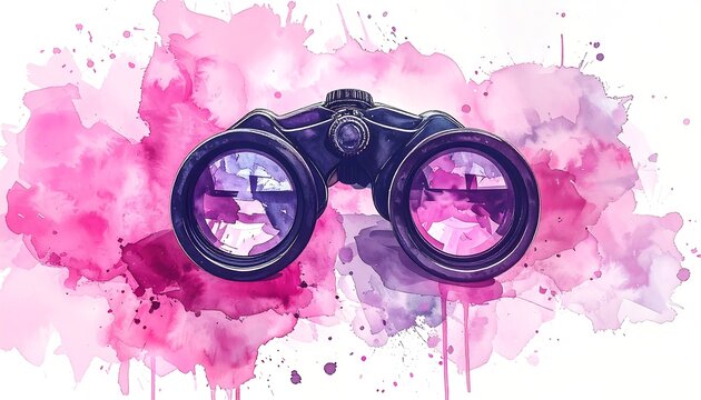 Binoculars on a pink watercolor background, artistic vision.