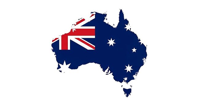 Stylized map silhouette of the continent of Australia filled with the distinct colors and symbols of the national flag against a clean white background for patriotic display.