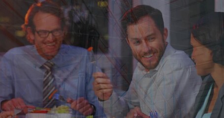 Animation of data processing against diverse businesspeople having lunch together at office