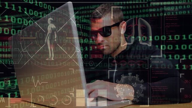 Animation of data processing over caucasian male hacker using laptop