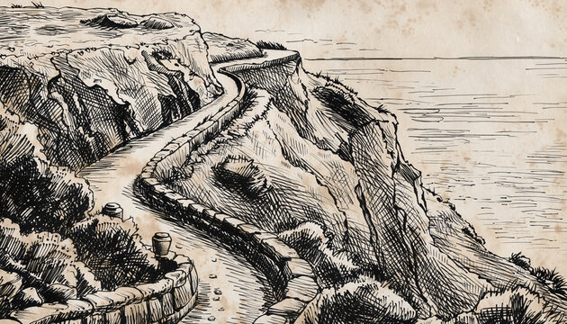 Historic coastal cliff road sketch overlooking the sea.
