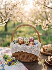Rustic Easter Basket with Botanical Eggs and Blossoms
