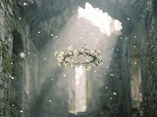 Floating Crown of Thorns with White Flowers in Sunlit Ruins