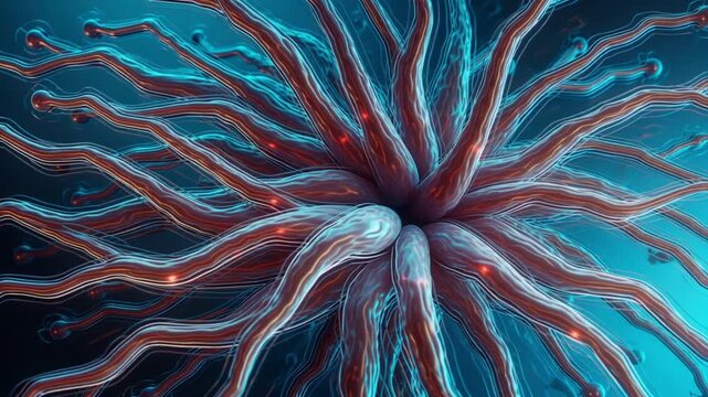A mesmerizing abstract depiction of a central glowing core radiating energy through numerous bioluminescent blue tentacles in a dark aquatic-like environment.