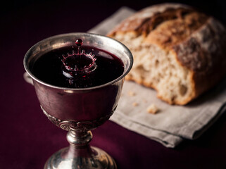 Silver Chalice with Wine Splash and Bread