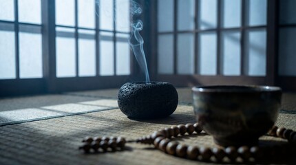 Zen Incense Burner and Prayer Beads on Tatami