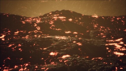 Bright, molten lava cascades over a rugged landscape in a volcanic region. The glowing red orange light reflects off the rocky surface as dawn approaches, creating a dramatic scene of natures power. © icetray