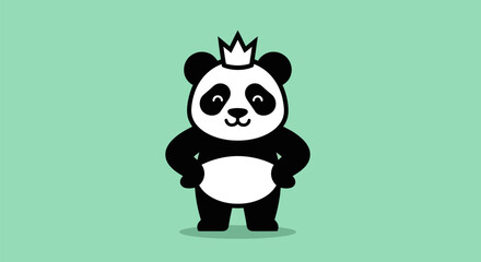 Fototapeta premium Cartoon panda with crown on green backdrop
