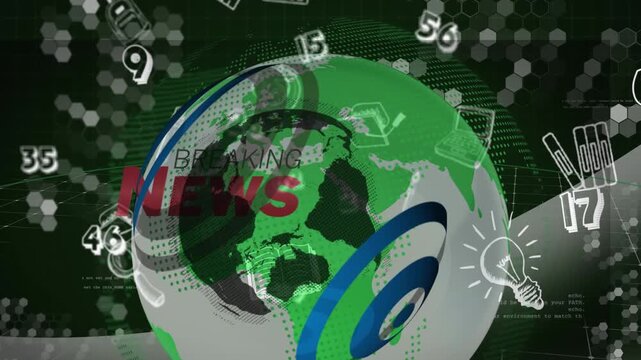 Animation of changing numbers and digital icons over breaking news text banner on spinning globe - Powered by Adobe