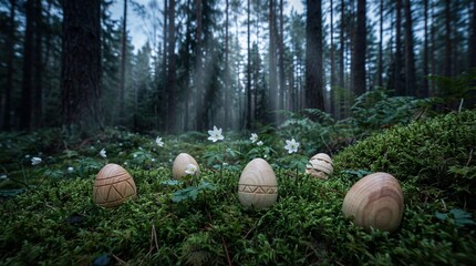 Wooden Easter Eggs on Mossy Forest Floor