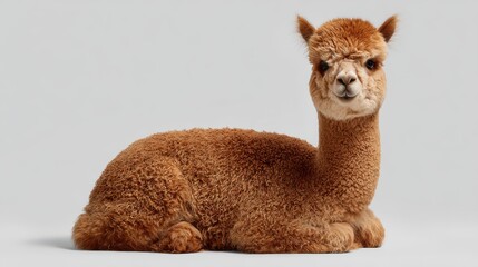 Naklejka premium alpaca calm posture, neutral background, sustainable lifestyle branding