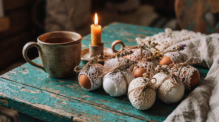 Rustic Easter Eggs with Lace and Candle on Teal Table
