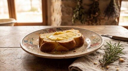 Braided Easter Bread Slice on Rustic Table