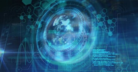 Animation of euro symbol over neon round scanner against data processing on blue background - Powered by Adobe