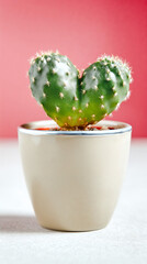 Double heart cactus in stone pot on pink background