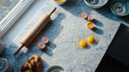 Baking Preparation with Braided Bread and Eggs on Marble Countertop