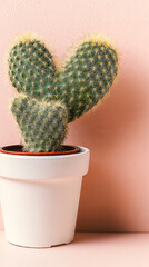 Heart shaped cactus in terracotta pot on pastel background