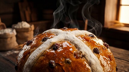 Steaming Hot Cross Bun with Raisins and Glaze