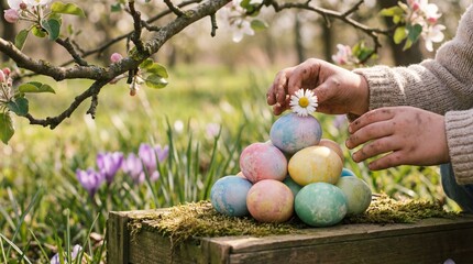 Child Stacking Easter Eggs in Spring Garden