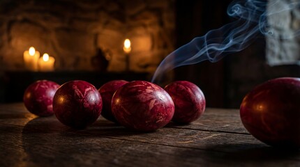Red Easter Eggs on Wooden Table