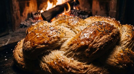 Braided Challah Bread with Poppy Seeds by Fireplace