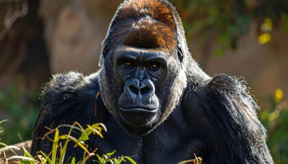 Obraz premium Intense gaze of a silverback gorilla in its natural habitat.