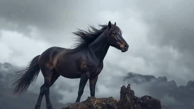 Standing dark horse lifting mane and tail on rocky outcrop as wind rises, rain appearing