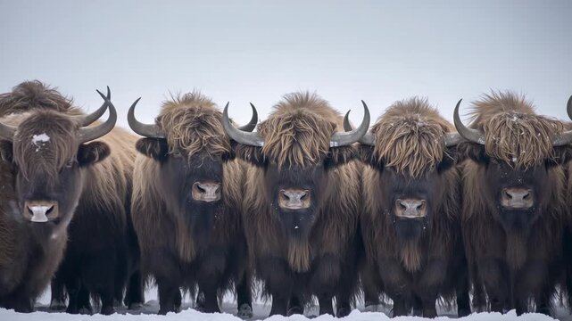 Turning left-most shaggy bovine moving inward on snowy plain, joining tight herd with curved horns