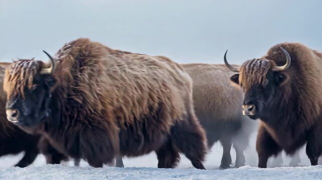Taking small lateral step, central horned bovids leading herd across snowy plain, breath misting