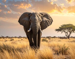 Obraz premium Majestic African Elephant Strolling Through the Golden Savannah.