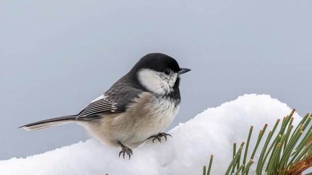 Perching black-capped tit adjusting posture on snow-covered pine branch as camera moving closer