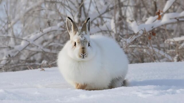 Noticing camera, shifting white hare lifting head and turning toward it in snowy field, shrubs