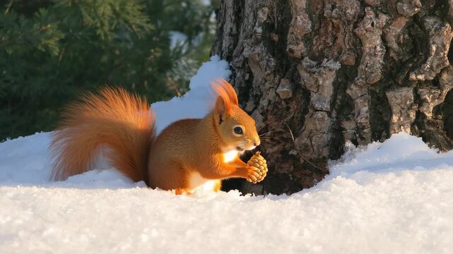 Finding pine cone, red squirrel lifting cone to mouth at base of large conifer, nibbling scales