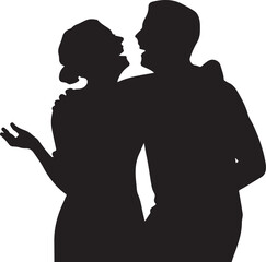 Silhouette of a couple embracing closely with one hand raised