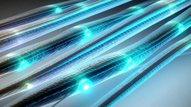 A close-up view of multiple glowing blue fiber optic strands, exhibiting light transmission and data flow, angled diagonally against a subtle gray background.