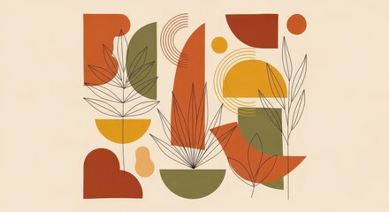 Vibrant abstract composition featuring stylized leaves and shapes in earthy tones with bold geometric forms and soft beige background