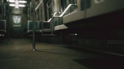 A quiet subway train car shows empty seats and poles under dim lighting. The floor is clean, and shadows add to the calm nighttime atmosphere, evoking a sense of solitude in an urban space. © icetray