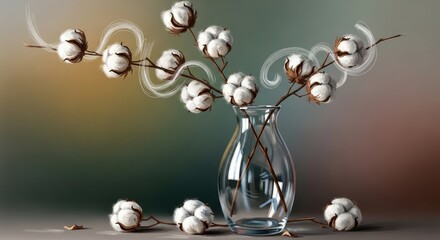 Cotton flowers in a transparent glass vase with soft flowing stems against a gradient background with scattered cotton balls on the surface