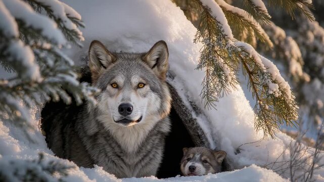Raising head with low sun warming, adult gray wolf moving at snow-lined den watching pup sheltering