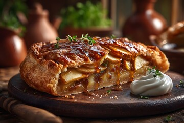 Rustic Baked Apple and Caramel Galette Slice on Dark Wooden Board with Cr&egrave;me Fra&icirc;che in Sunlit Kitchen
