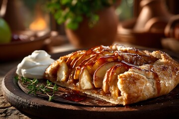 Rustic Baked Apple and Caramel Galette Slice on Dark Wooden Board with Cr&egrave;me Fra&icirc;che in Sunlit Kitchen