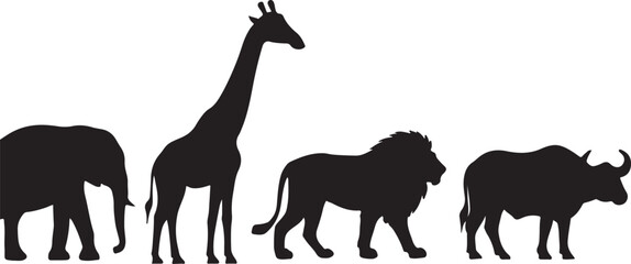 Naklejka premium African Safari Animals Silhouette – Elephant, Giraffe, Lion and Buffalo 